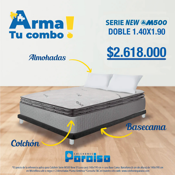 Combo Colchón Serie M500 New 140X190 + Base Cama + Almohadas *
