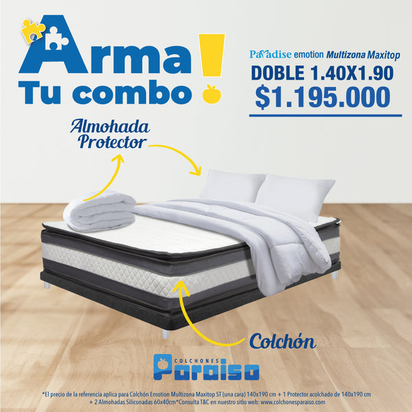 Combo Colchón Emotion Multizona Maxi Top Doble  140X190 + Almohada + Protector Acolchado