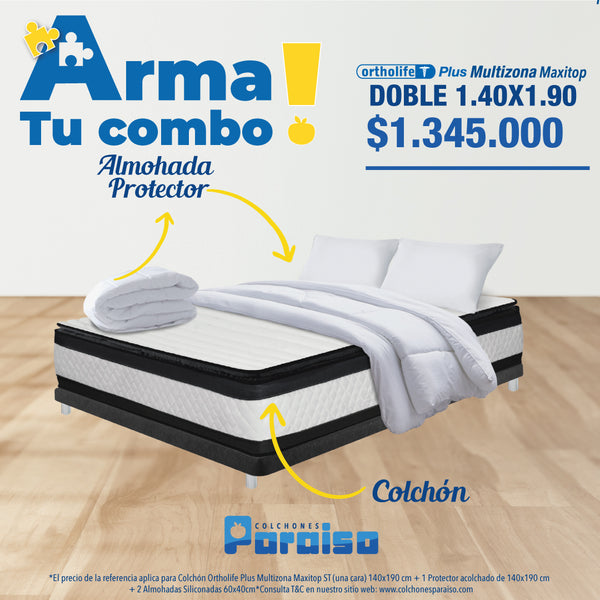 Combo Colchón  Ortholife Plus Multizona Maxi Top Una Cara 140X190 + Almohada + Protector Acolchado